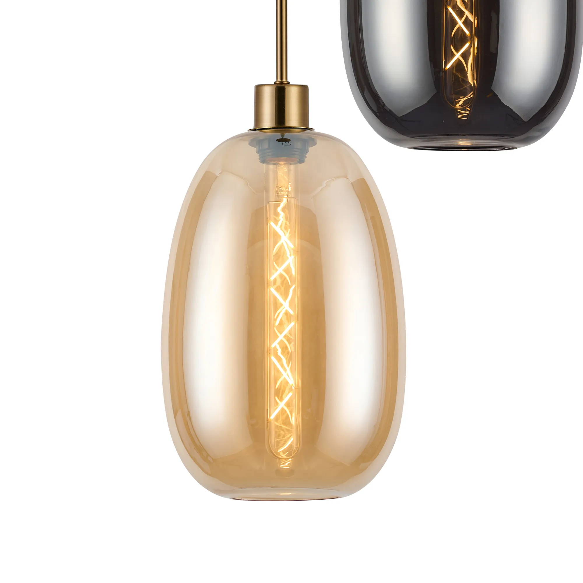 Lori 40cm Round Pendant, 3 Light Adjustable E27, Antique Gold/Amber/Smoke Slim Curved Trapezium Shades DK1176  Deco Lori Antique Gold